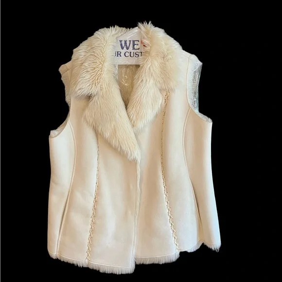 Microsuede Vest Off White Faux Fur Collar Lining Pockets & Hidden Hook Eye Close - Picture 2 of 10